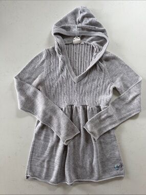 Vintage Roxy Light Gray V-Neck Hooded Cable Knit Sweater